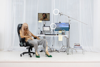 Ötza posing in Ötza’s (posthu-) Man Cave of Theory-Fiction, solo show Ötza, Ontologically Speaking at Mutter, © Giovanni Salice, 2023